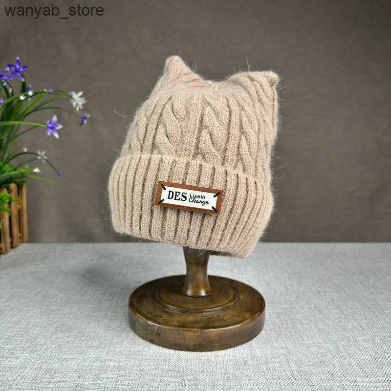 Wide Brim Hats Bucket Hats 24 New Cute Cats ears Wool Hat Women Rabbit Hair Knitted Hat Winter Thickened Warm Cap L240910
