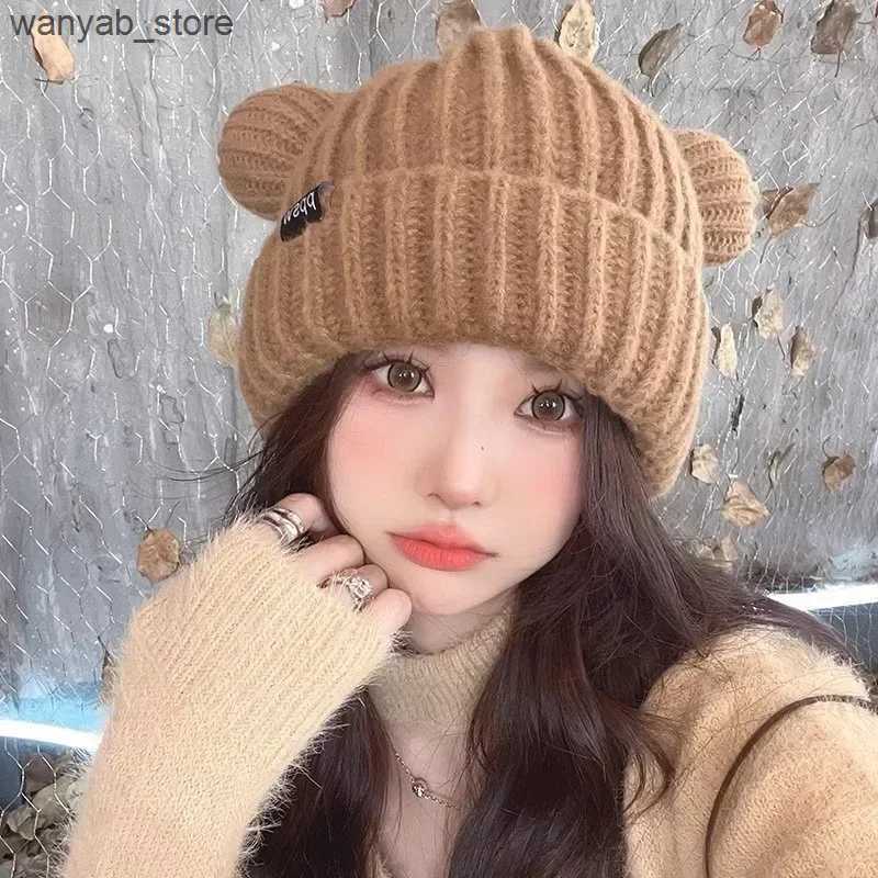 Wide Brim Hats Bucket Hats Korean Version Cute Teddy Bear Ear Knitted Hat Womens Autumn/winter Warmth Ear Protection Defense Cold Prevention Knitted H