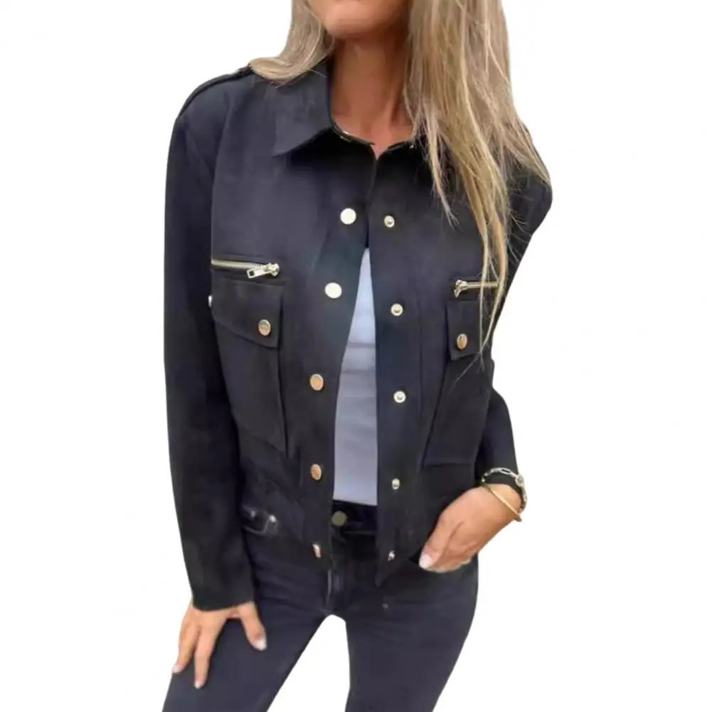 Autumn Spring Suede Jacket Womens Cargo Zipper Collar Artificial Buckle Leather Deer Velvet Outdoor Coat 241031