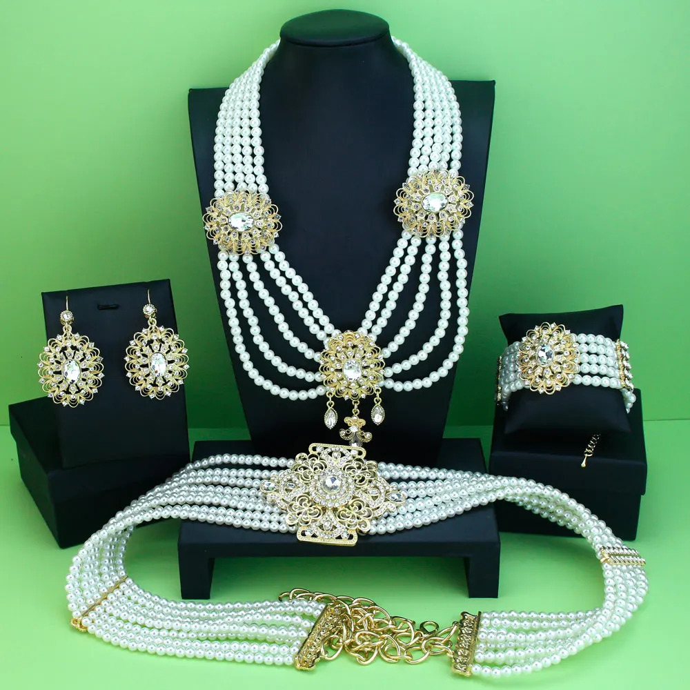 Neovisson Moroccan Fashion Style Jewelry Set Gold Pearl Caftan Beaded Necklace Crystal Earrings Bracelet Bridal Gift 241031