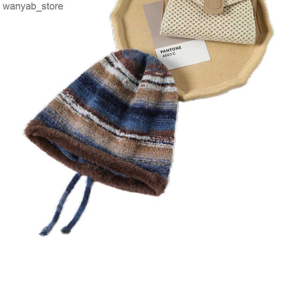Wide Brim Hats Bucket Hats 2024 New Mink Velvet Hoody Hat Strap Beanie Hat Women Autumn Winter Warm Knitted Hat Rainbow Colored Stripe Pullover Hat Ho