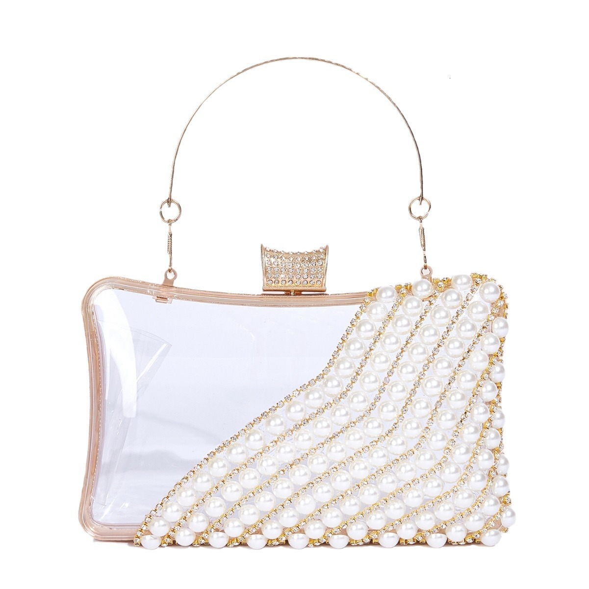New transparent rhinestone decoration women's handheld small square bag pearl handbag new dining bag