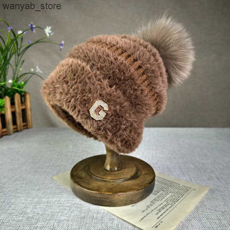 Wide Brim Hats Bucket Hats New plush and warm woolen hat for women versatile for autumn and winter fox fur ball knitted hat pile up ear protection hat