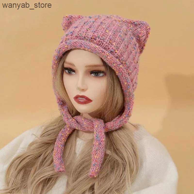Wide Brim Hats Bucket Hats Cute Knitted Cat Ear Hat Y2K Fashion Crochet Ear Protector Wool Cap Women Winter Warm Pullover Cap Girl Wrap Head Bonnet Be