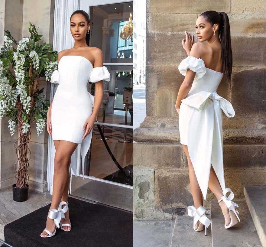 Modern Satin Sheath Wedding Dresses With Removabla Bow Ribbon Puff Short Sleeves Bridal Gowns Mini Little White Dress Brides Second R