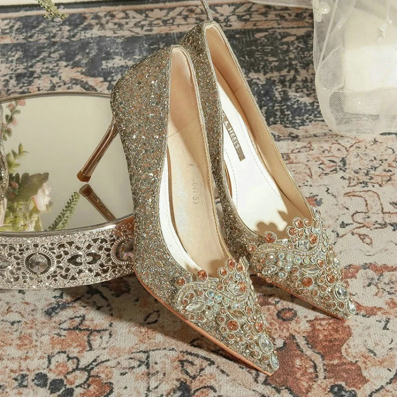Gold Wedding Shoes WomenS Bride Dress Shoes Fashion Sequin Crystal High Heels 241031