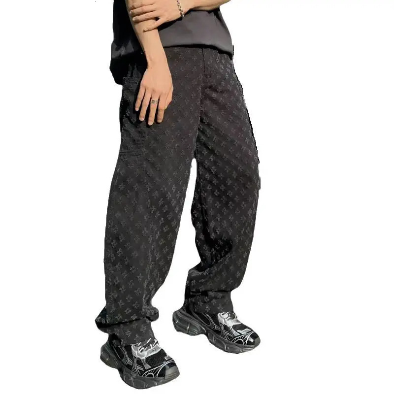 Vintage Jacquard Jeans Mens Street American Straight Wide-leg Jeans Y2K Fashion Black Pantalones Hombre Streetwear Loose Pants 241031