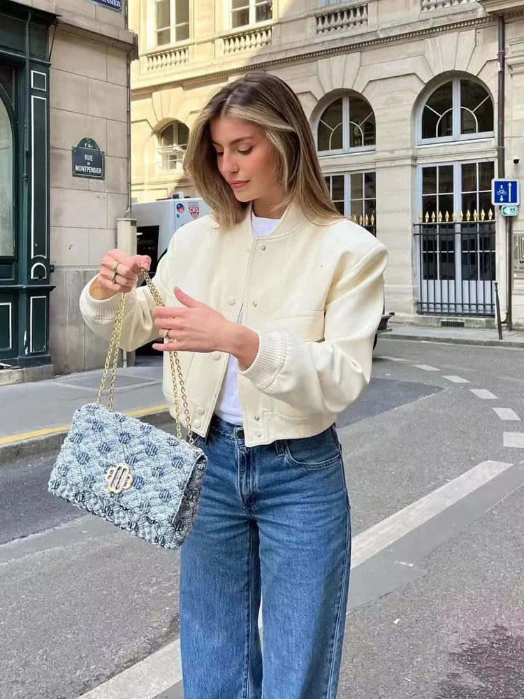 TRAF 2023 Woman Bomber Jacket White Autumn Winter Button Cropped Jackets for Women Fashion Long Sleeve Crop Outerwear 241024