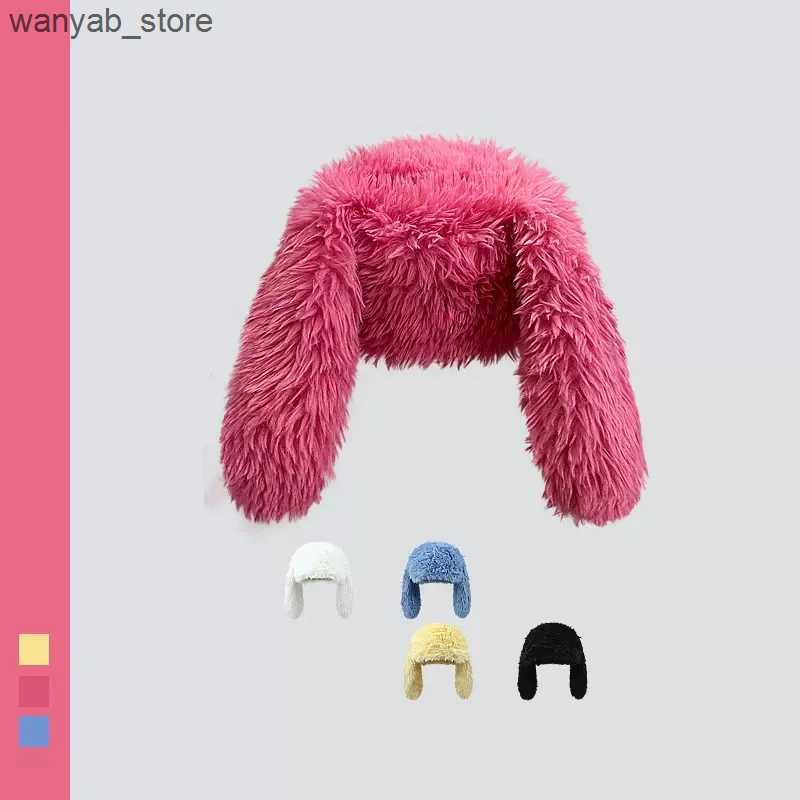 Wide Brim Hats Bucket Hats 2023 New Rabbit Ears Beanies Korea Ins Niche Cute Rose Red Plush Pullover Cap Winter Warm Keeping Funny Photography Womens 