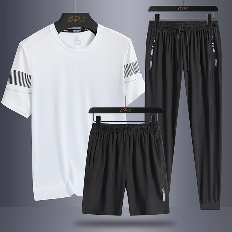 Mens and womens summer striped sports set outdoor ice silk running thin pullover Tshirt three piece basketball suit 241024