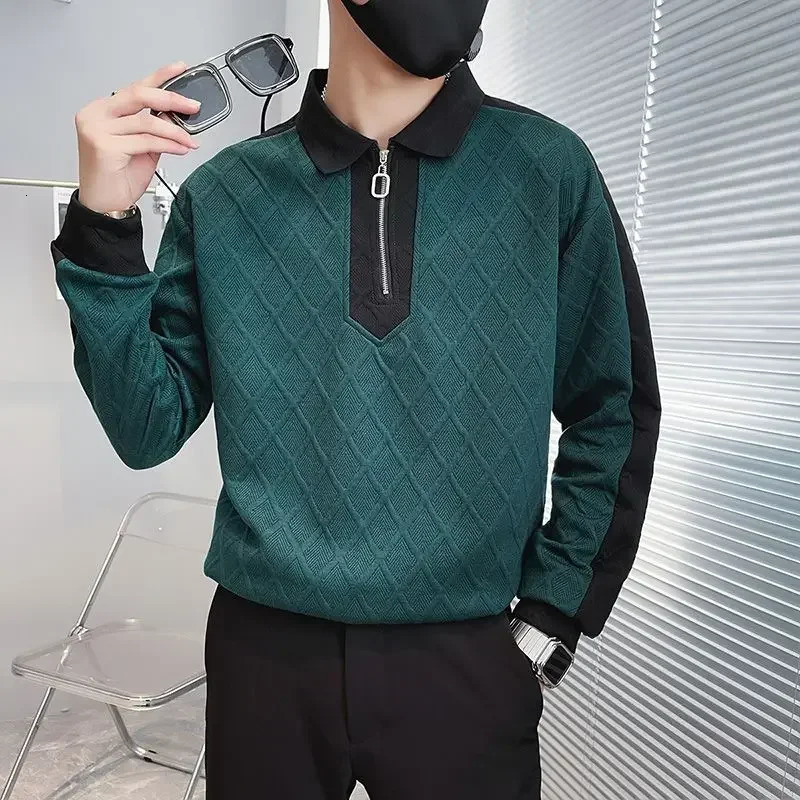 T Polo Shirts for Men Plaid Spliced Tops Half Zip Male Clothes Sweatshirts Green Rock High Quality It Original Korean 241024