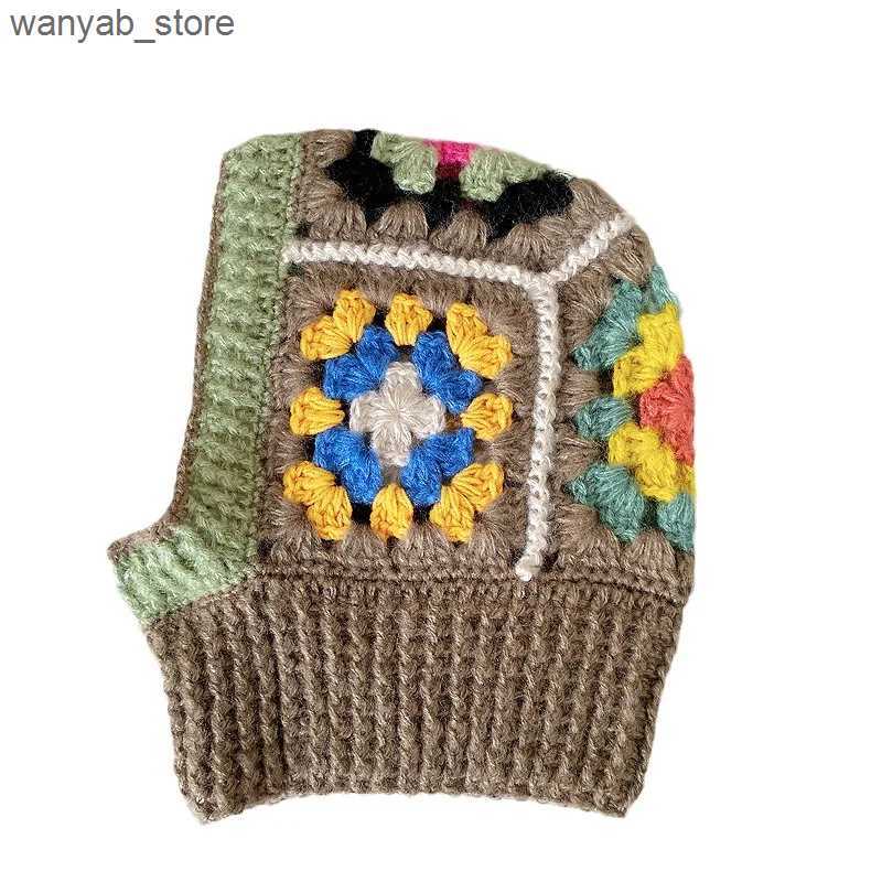 Wide Brim Hats Bucket Hats 2023 Korean Handmade Crochet Balaclava Hats for Women Autumn and Winter Wool Knitted Pullover Beanies Cap Neck Hooded Caps 