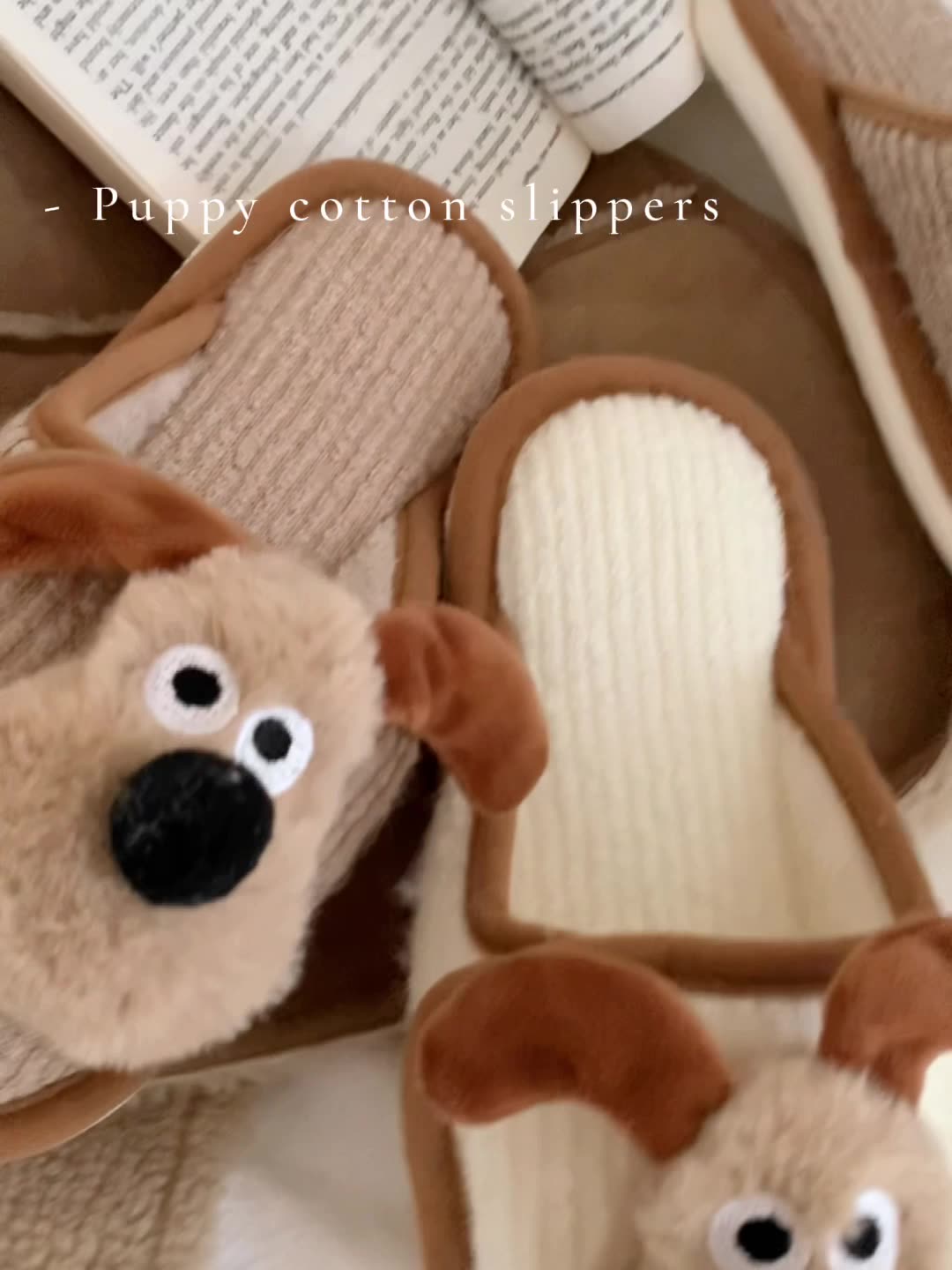 Female winter personality fun cartoon dog creative Velcro fluffy cotton slippers Warm and interesting shoes for home bedroom in winter