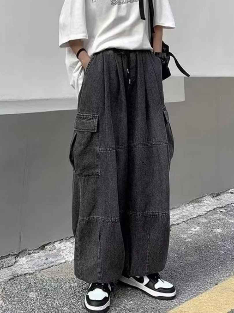 2024 Spring Autumn Men Baggy Jeans Men Wide Leg Pants Big Pockets Elastic Waist Streetwear Trousers Male Loose Denim Pants 241031