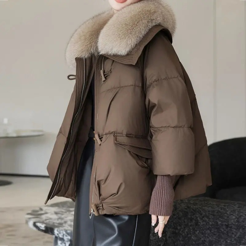 2025 Winter Down Short Padded Jacket Women Parkas Fur Collar Thick Cotton Coats Clothes Black Casual Outerwear Female 241031