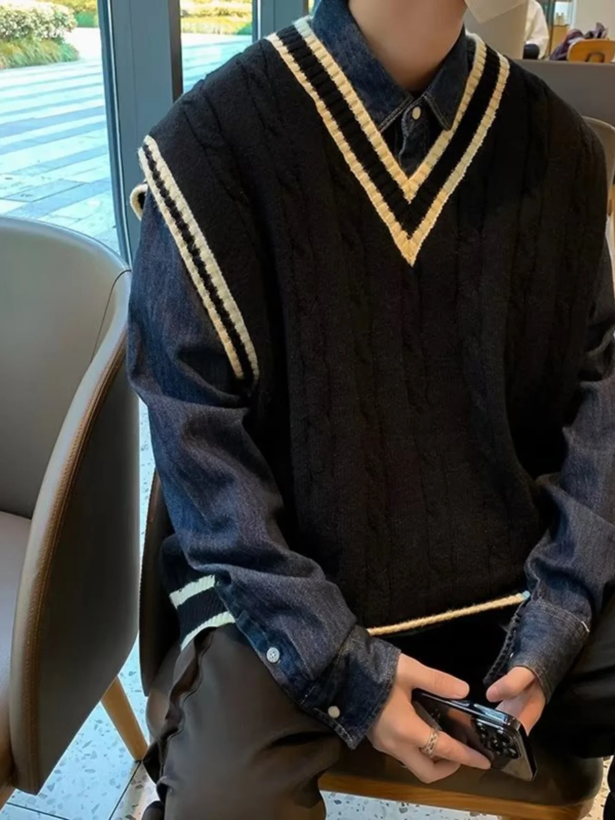 Spring Autumn Men Uniform Vest Fashion V Neck Pullover British Student Sleeveless Waistcoat Knitted Tops Sweaters C119 241031