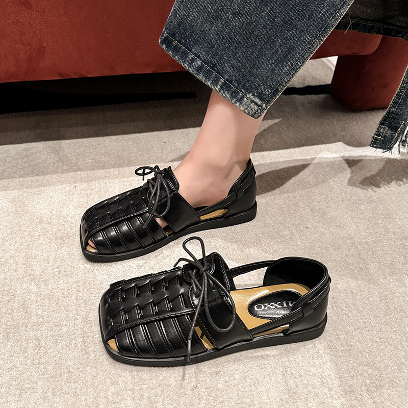 Women's Fashion Slippers:Knitted Hollow Retro Style Sandals New Trendy Casual Versatile Square Toe ,Black/Silver/Brown,Free shipping