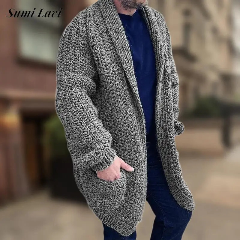 Vintage Solid Color Knitting Long Cardigan Mens Autumn Winter Casual Sleeve Loose Sweatercoats For Men Streetwear Knitwear 241029