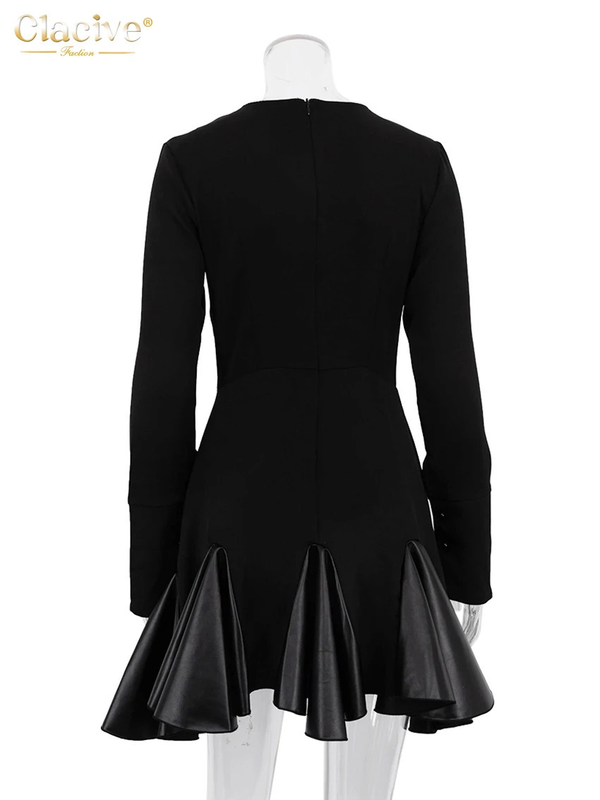 Clacive Bodycon Black Knitted Women Dress Fashion O-Neck Long Sleeve Office Mini Dresses Elegnat Patchwork Pleated Female Dress 241031