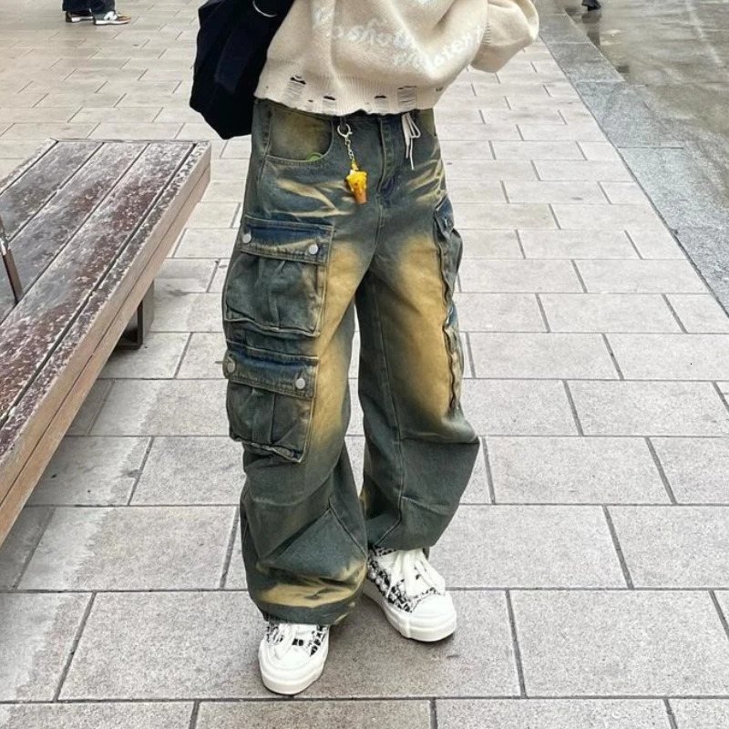 Y2k Hip Hop Retro Streetwear Mens Jeans Distressed Faded Washed Oversized Pockets Loose Cargo Pants High Street Wide Leg Pants 241031