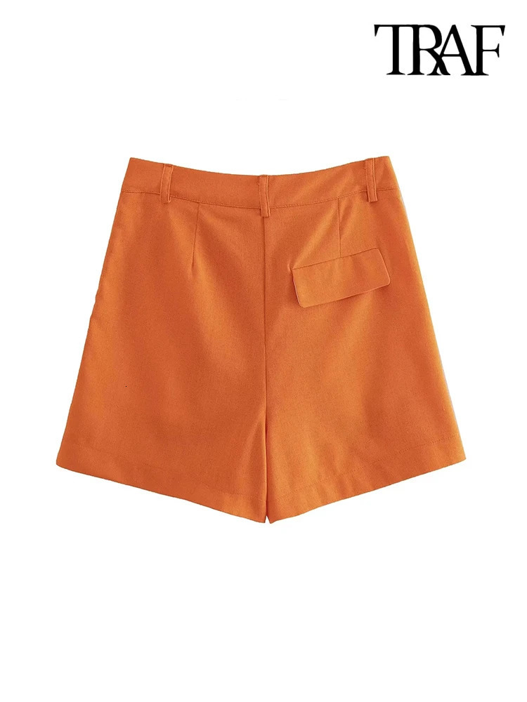 TRAF Women Fashion With Pockets Front Pleats Linen Blend Shorts Vintage High Waist Zipper Fly Female Short Pants Mujer 240325