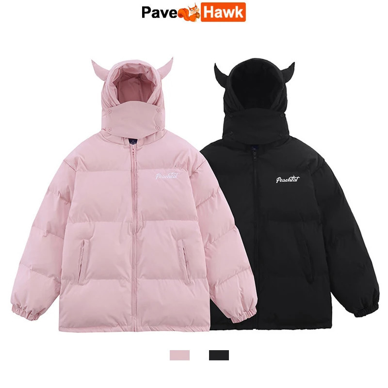 Hooded Parkas Men Winter Devils Horn Solid Color Cotton Padded Jackets Women Loose Hip Hop Harajuku Puffer Bubble Outwear Coats 241031