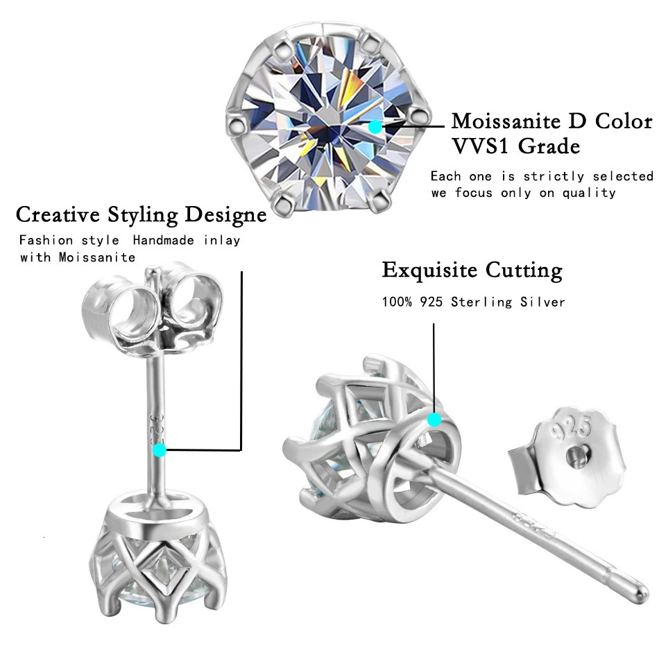 Real 051 D Color Stud Earrings For Women Top Quality 100 925 Sterling Silver Sparkling Wedding Jewelry 241031