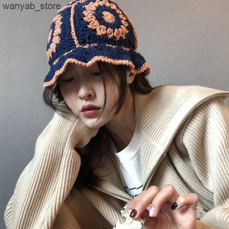 Wide Brim Hats Bucket Hats Women Hollow Flower Knitted Fisherman Hat Handmade Crochet Matching Basin Hat Spring Summer Sunscreen Sun Hats Female Panam