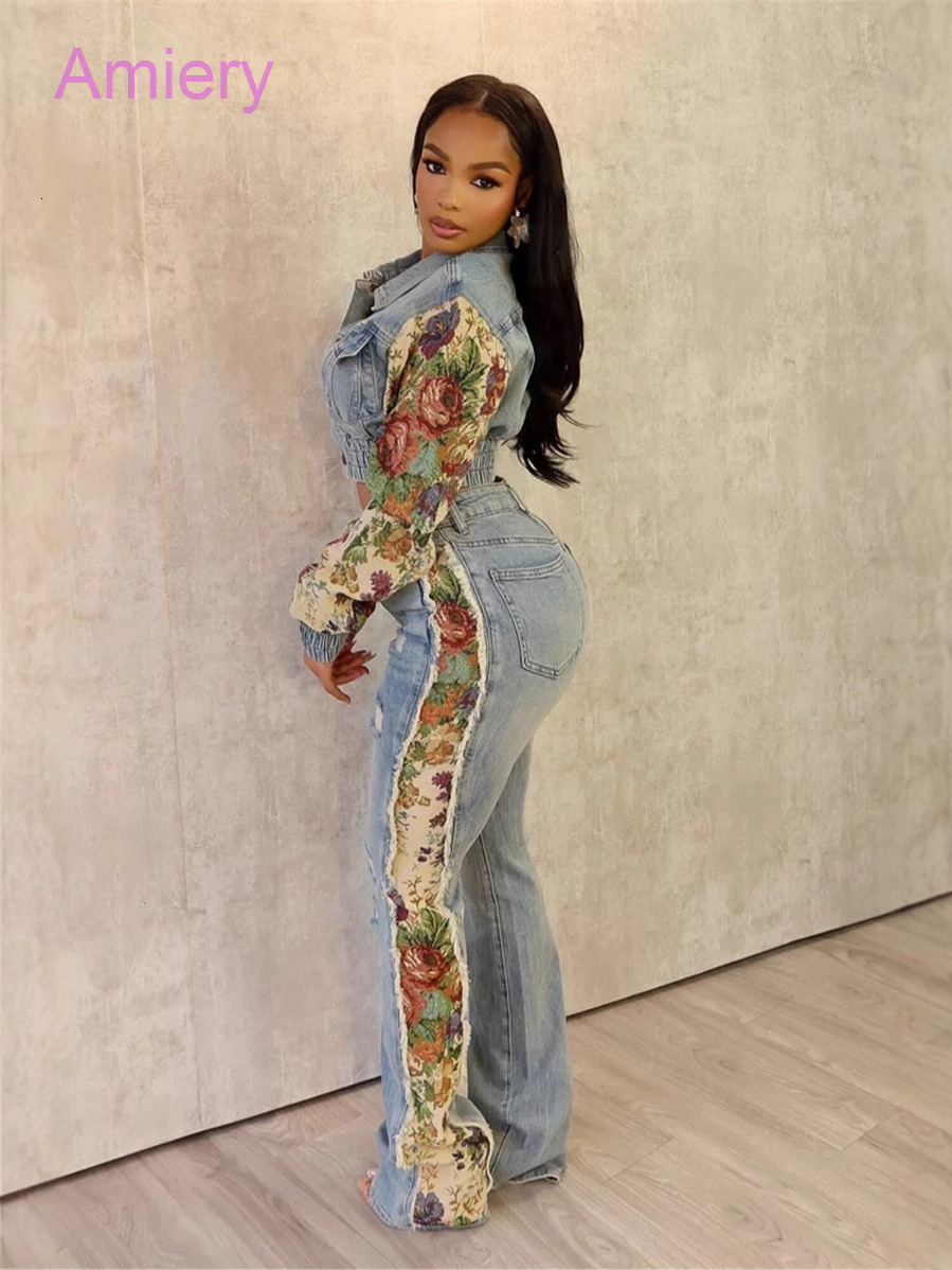 Denim Floral Ptinted Patchwork Two Piece Set Women 2024 Fall Winter INS Tracksuit Full Sleeve Jacket And Ripped Jeans Pants Casual Suit 2PCS Sets For 