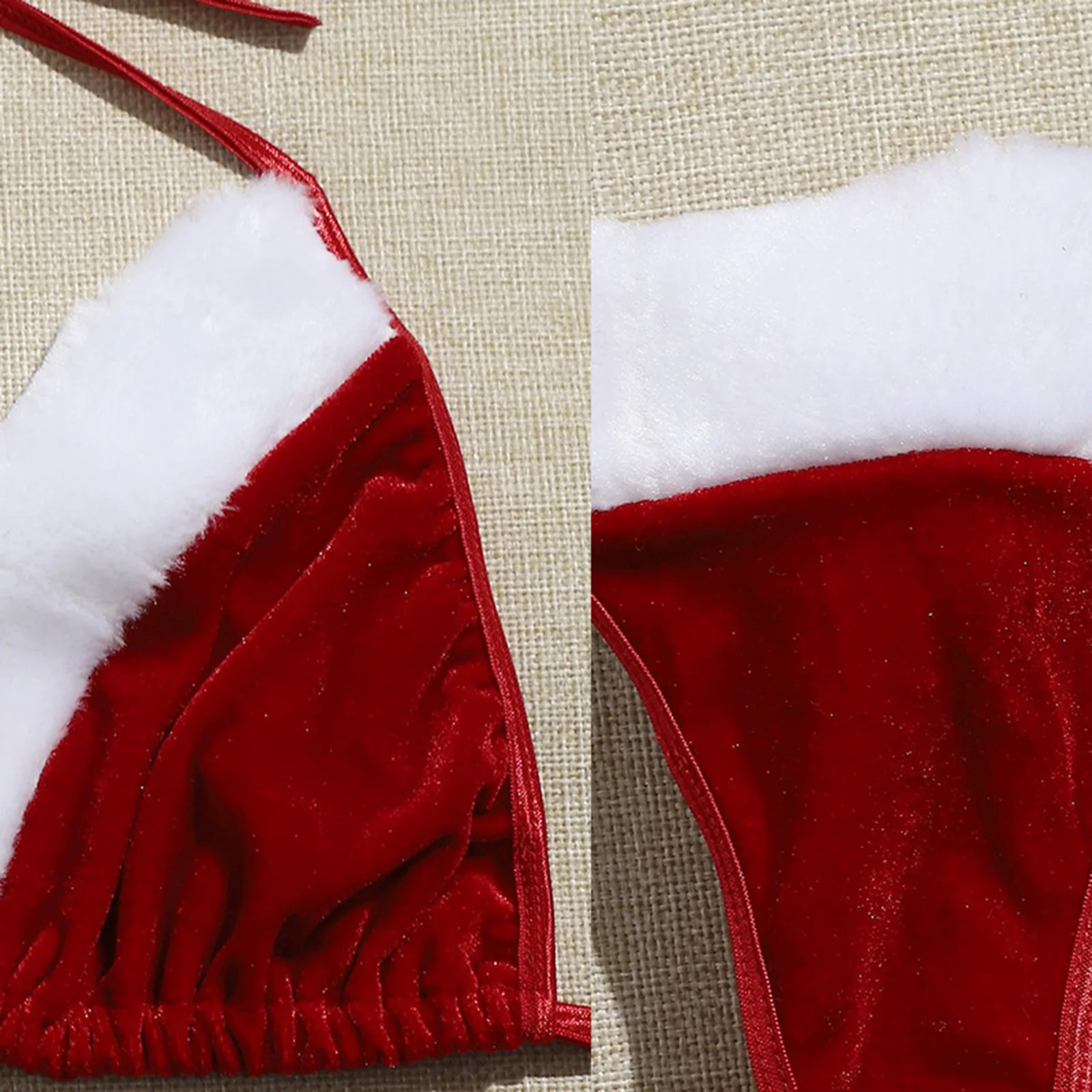 Christmas Santa Role Play Sexy Lingerie Sets Women Plush Low Cut Lace Up Bra With Thongs Xmas Chemise Sexy Underwear Sets 241031