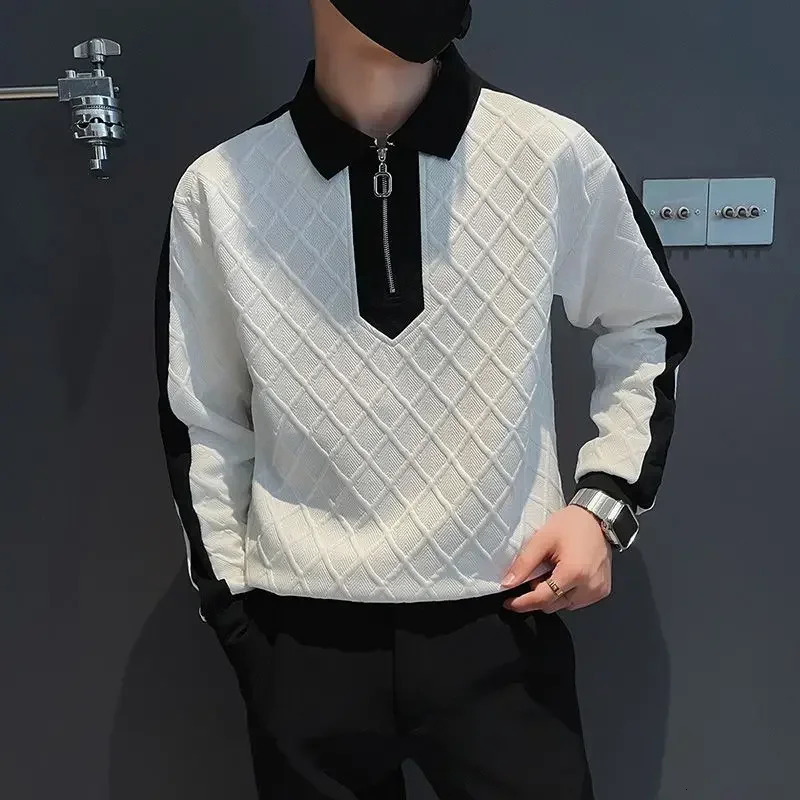 T Polo Shirts for Men Plaid Spliced Tops Half Zip Male Clothes Sweatshirts Green Rock High Quality It Original Korean 241024