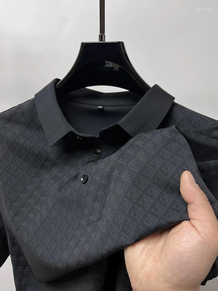 Men's Polos 2024 Summer High End Fashion Checker Printed Ice Silk Short Sleeved POLO Shirt Trendy Lapel Casual T-shirt Breathable Top