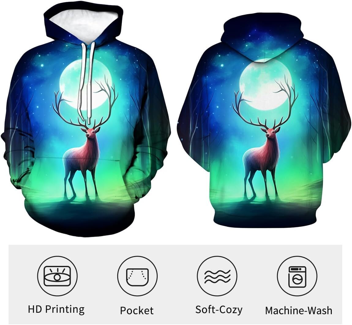 Hoodie for Mens Womens Forest Deer Hoodie Funny Animal Graphic Sweatshirts Creative fashion Graphic Hoodies sweatshirt Pullover Long Sleeve