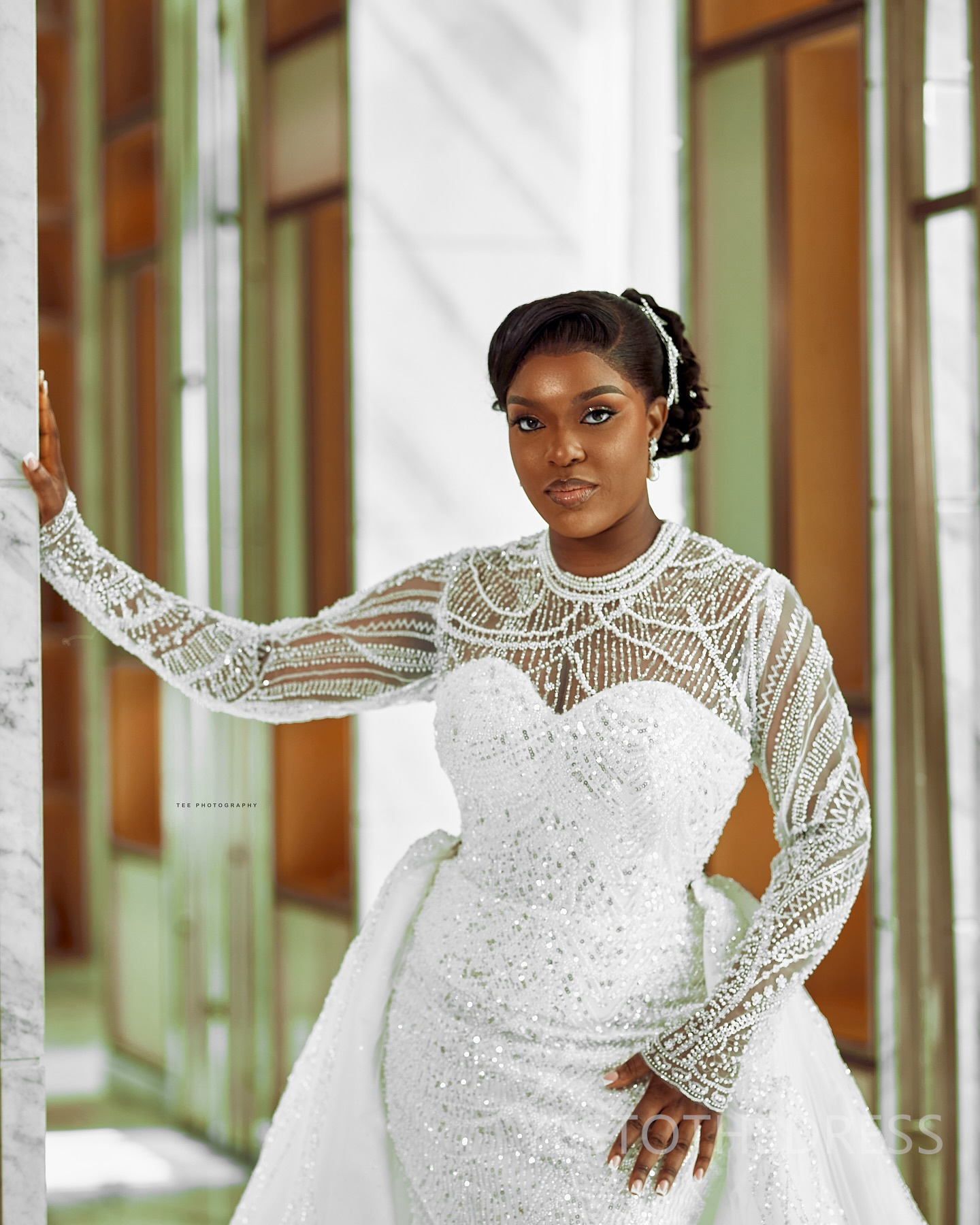 2024 Plus Size African Mermaid Wedding Dress Detachable Train Bridal Gowns For Bride Illusion High Neck Long Sleeves Beaded Lace Wedding Gowns For Bla
