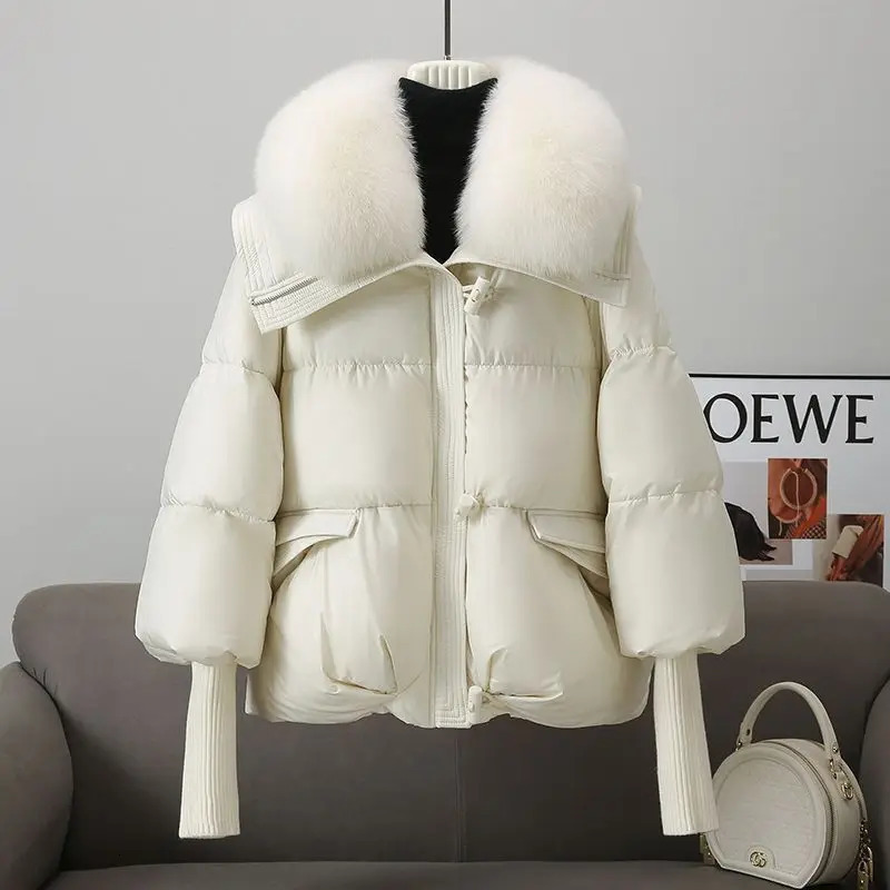 2025 Winter Down Short Padded Jacket Women Parkas Fur Collar Thick Cotton Coats Clothes Black Casual Outerwear Female 241031