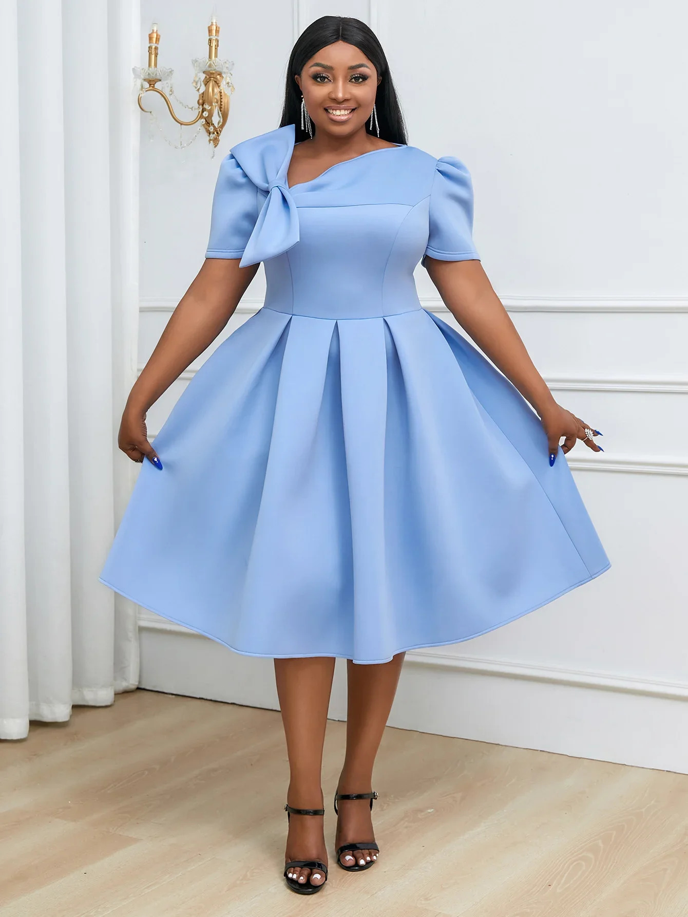 Women Prom Party Dress Bowtie Short Sleeve Pleated Fit and Flare Princess Elegant Formal Birthday Event Gowns Plus Size 240327