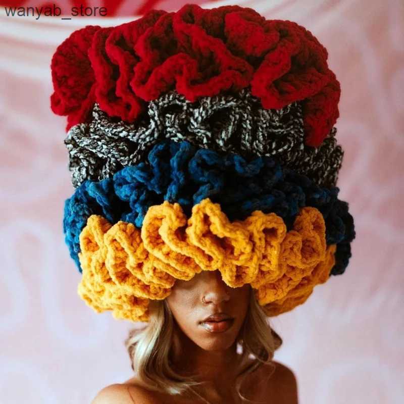 Wide Brim Hats Bucket Hats Crochet Frill Bamboo Hat Adult Lace Woolen Cap Fashion All-Match Ruffled Pullover Hat L240910
