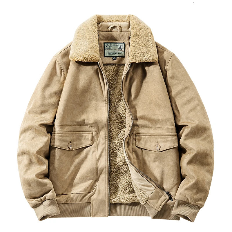 Autumn Winter Suede Jacket Fleece Men Fur Collar Leather Coat Male Thicken Warm Bomber Windbreaker Parkas 241031