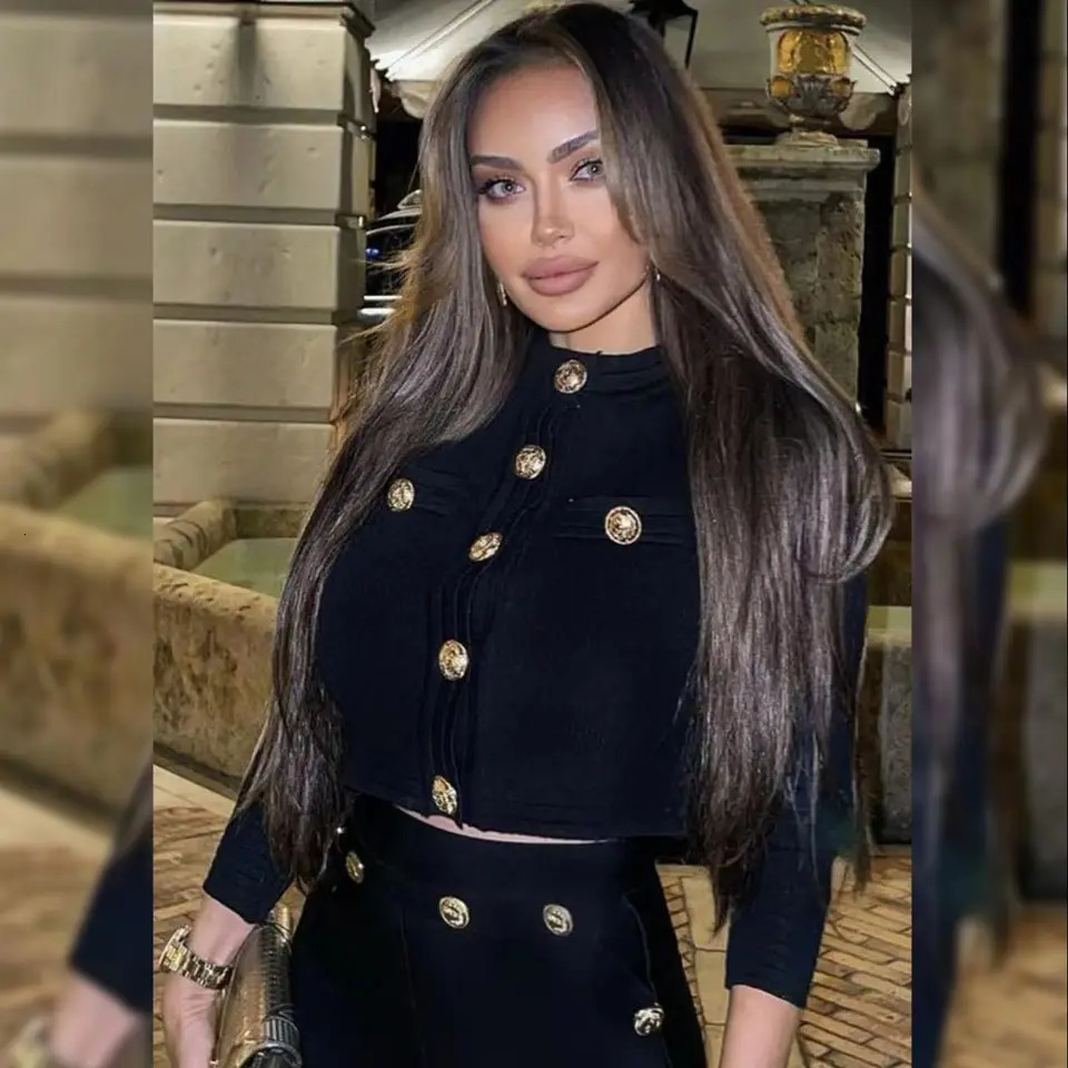 Womens autumn long sleeved gold button elastic bandage black top long pants casual holiday fashion set 241031