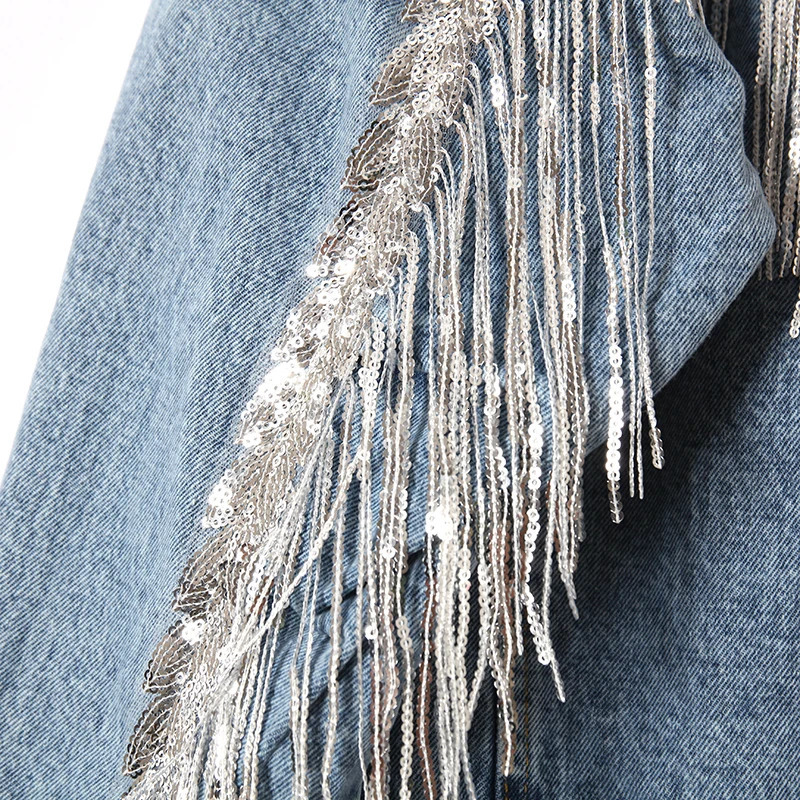 Autumn Heavy Work Fringed Sequins Retro-washed Denim Jacket Women Short Jeans Jackets Coat Students Woman Clothes 241031
