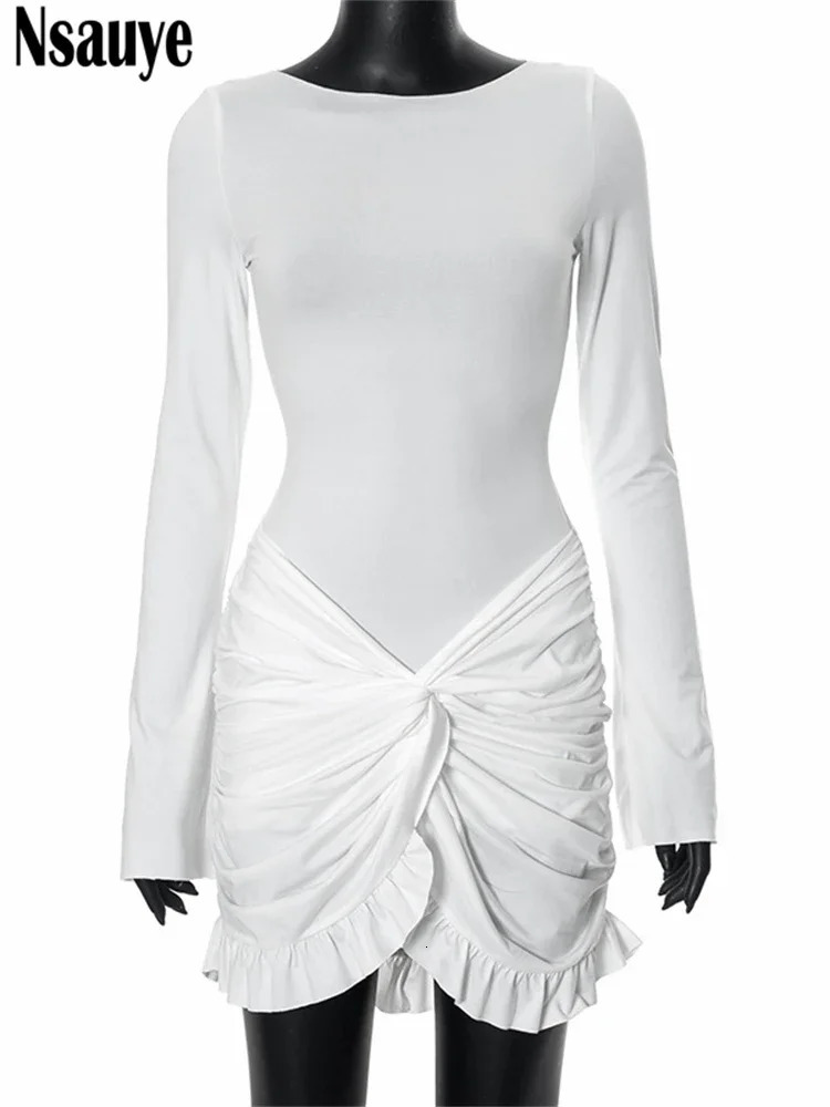 Nsauye Fashion Elegant Women Sexy Low Waisted White Ruffles Autumn Dress Clubwear Evening Party Long Sleeve Bodycon Dress 2024 241031