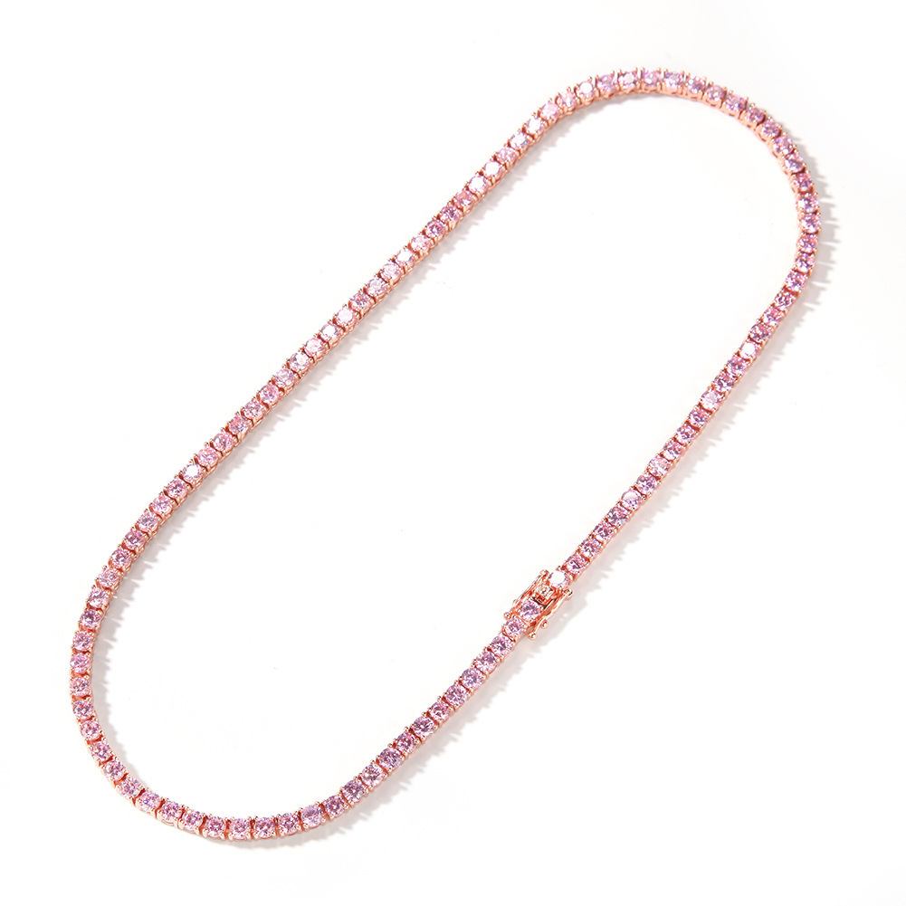 4mm Hip Hop Pink Cubic Zirconia Tennis Necklace Ins Style New In Fashion Top Quality 18k Gold Plated Prong Full Diamond Iced Out Neck Chains Collar Re