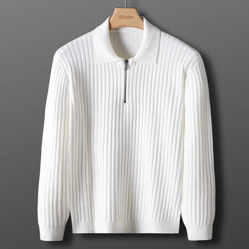 Light Business Vertical Stripe Polo Sweater Mens Autumn and Winter Leisure Slim Fit Handsome Knitwear Pullover Half Zip Top 241031