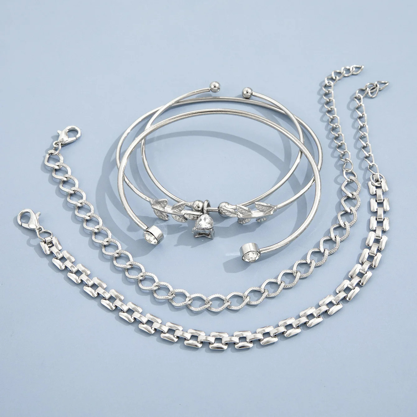 Bohemian Silver Color Geometric Link Chain Bracelet Set For Women Crystal Leaf Open Cuff Bangle Female Boho Jewelry Accessory 241031