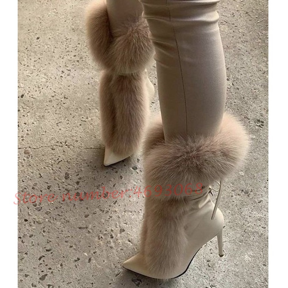 Fluff Pointy Women Ankle Newest White Fur High Stiletto Heels Lace-Up Short Boots Female Slip On Fashion Shoes 241110