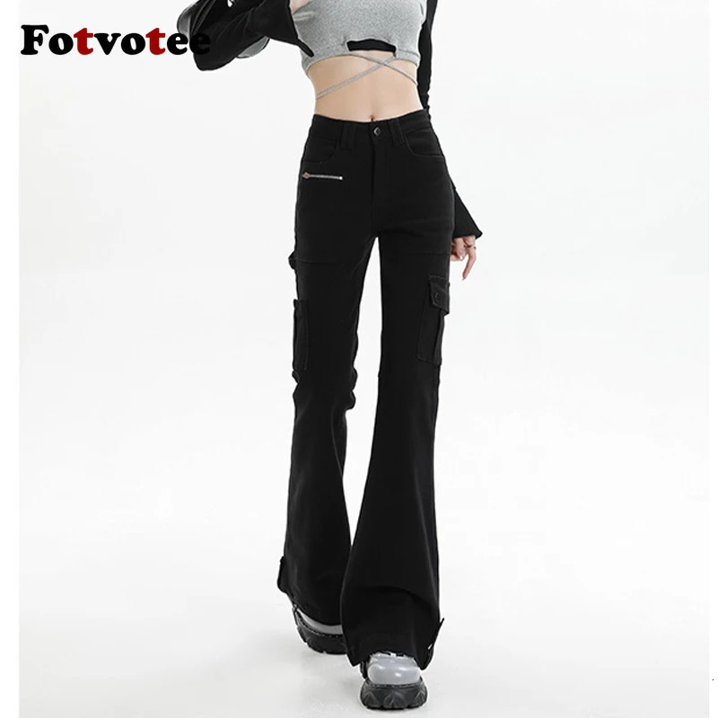 Fotvotee Cargo Pants Women Pocket Zipper Slim Flare Pants Stretch Korean Fashion Streetwear Spice Vintage Y2k Pants 241031