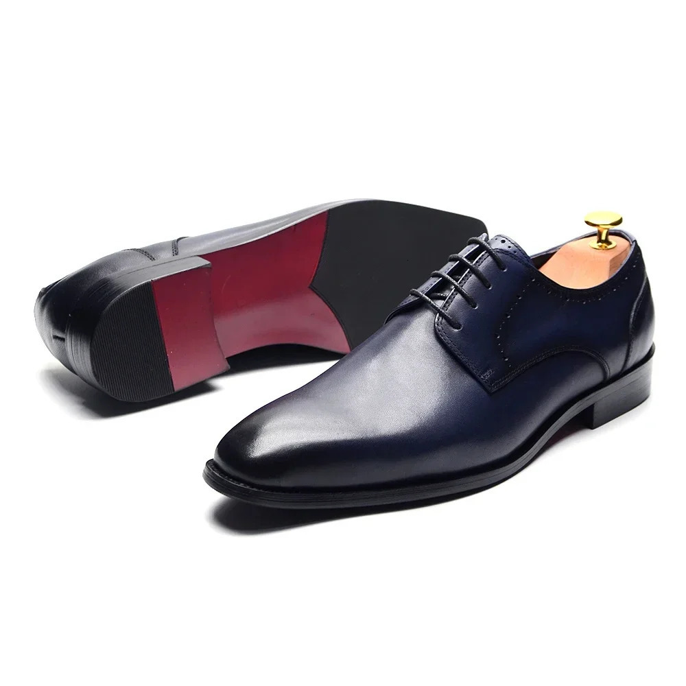 2025 Original Derby Mens Dress Shoes Blue Genuine Leather Lace Upper Flat Dot Upper Formal Mens Wedding Business Shoes 241031