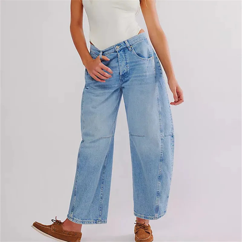 Barrel Jeans Women Casual Baggy Wide Leg Horseshoe Denim Pants Y2k Boyfriend Vintage Tapered Jeans Mid Rise Cropped Barrel Pant 241031