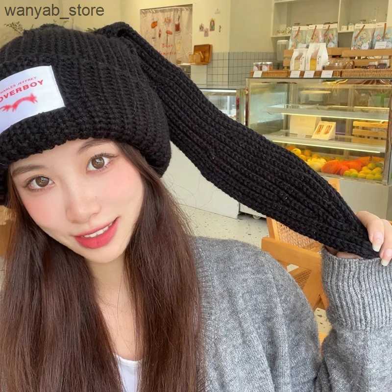 Wide Brim Hats Bucket Hats 24 new color blocked knitted long rabbit ear hat for womens autumn and winter cute big head circumference contrasting yarn 