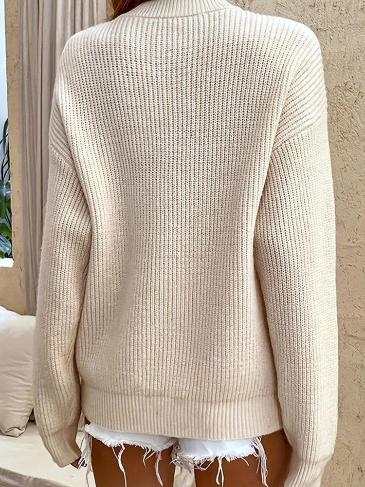 Pullover Womens Sweater Autumn Winter Single Breasted Solid Color Round Neck Tops Long Sleeve Knitted 241029